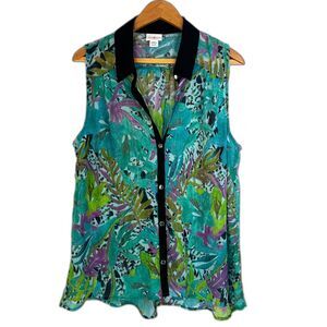 Jaclyn Smith Sheer Tropical Print Tank‎ Blouse Bold Boho Contrast Trim Size XL
